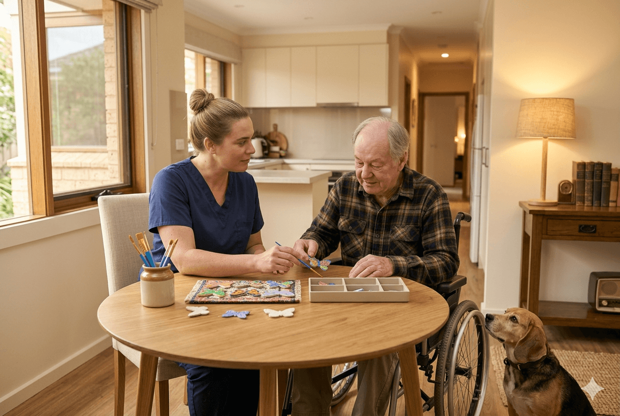 NAA support worker with ABI participant in home environment