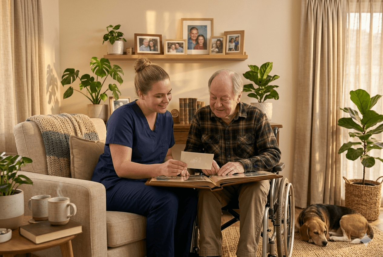 NAA support worker with dementia participant in home environment